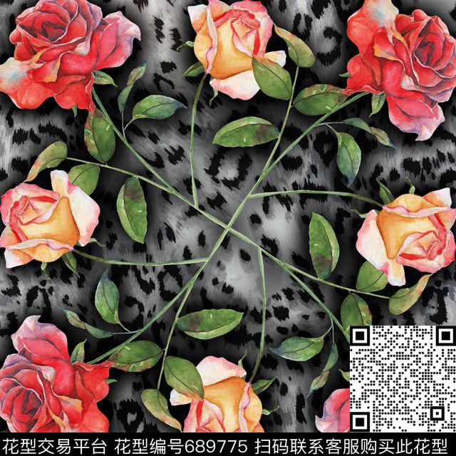 花卉豹纹丝巾方巾数码印花华亿平台下载（图片编号: 689775） - 瓦栏（Walan）