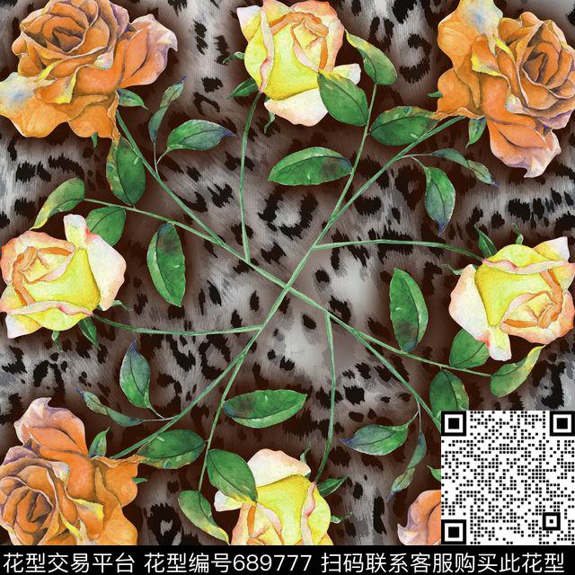 花卉豹纹丝巾方巾数码印花华亿平台下载（图片编号: 689777） - 瓦栏（Walan）