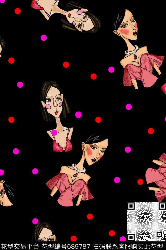 时尚复古趣味原创手绘。流行时尚人物传统印花华亿平台下载（图片编号: 689787） - 瓦栏（Walan）