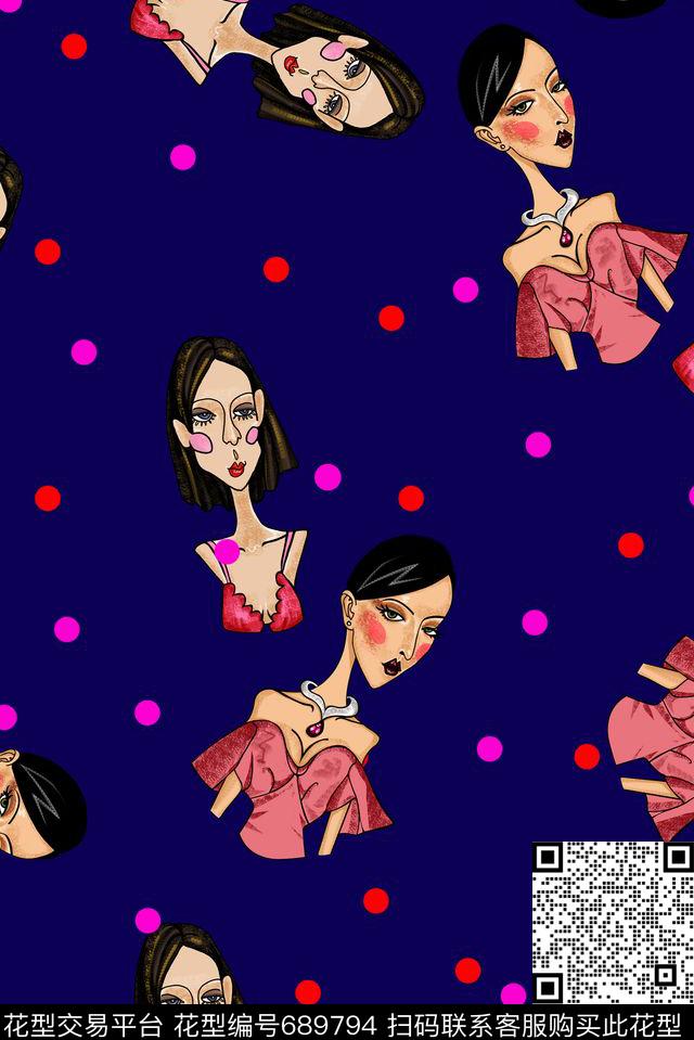 时尚复古趣味原创手绘。流行时尚人物传统印花华亿平台下载（图片编号: 689794） - 瓦栏（Walan）