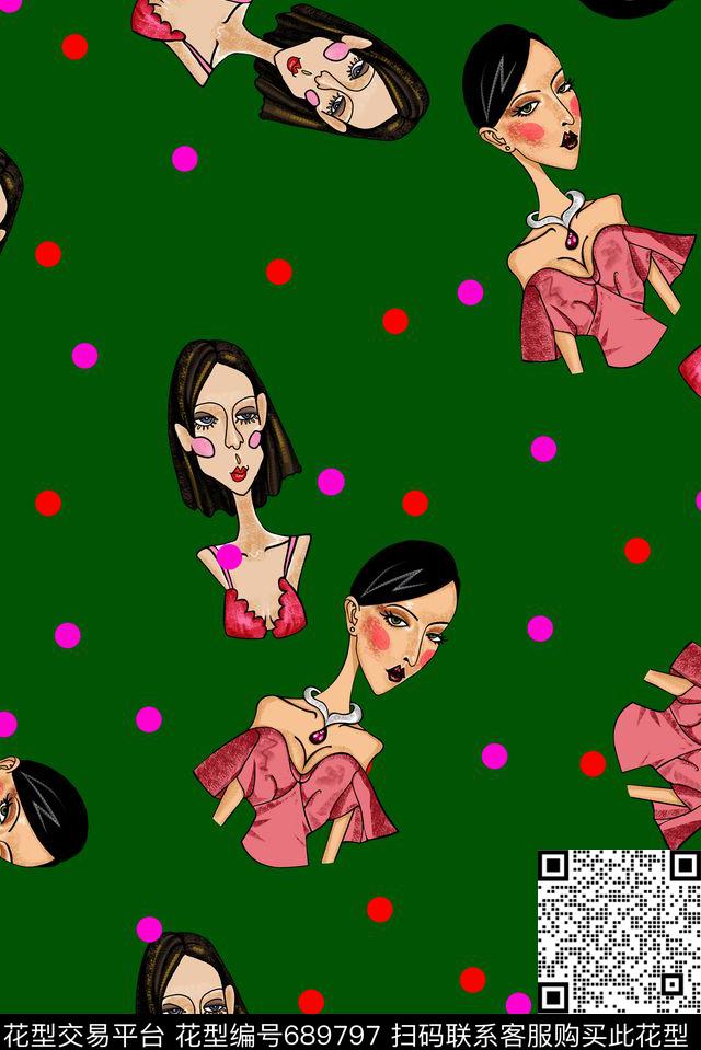 原创手绘。流行时尚时尚复古趣味人物数码印花华亿平台下载（图片编号: 689797） - 瓦栏（Walan）