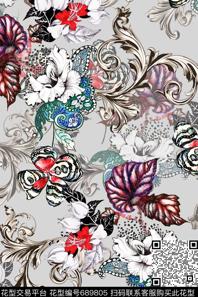 欧式卷草卷草纹样花卉数码印花华亿平台下载（图片编号: 689805） - 瓦栏（Walan）
