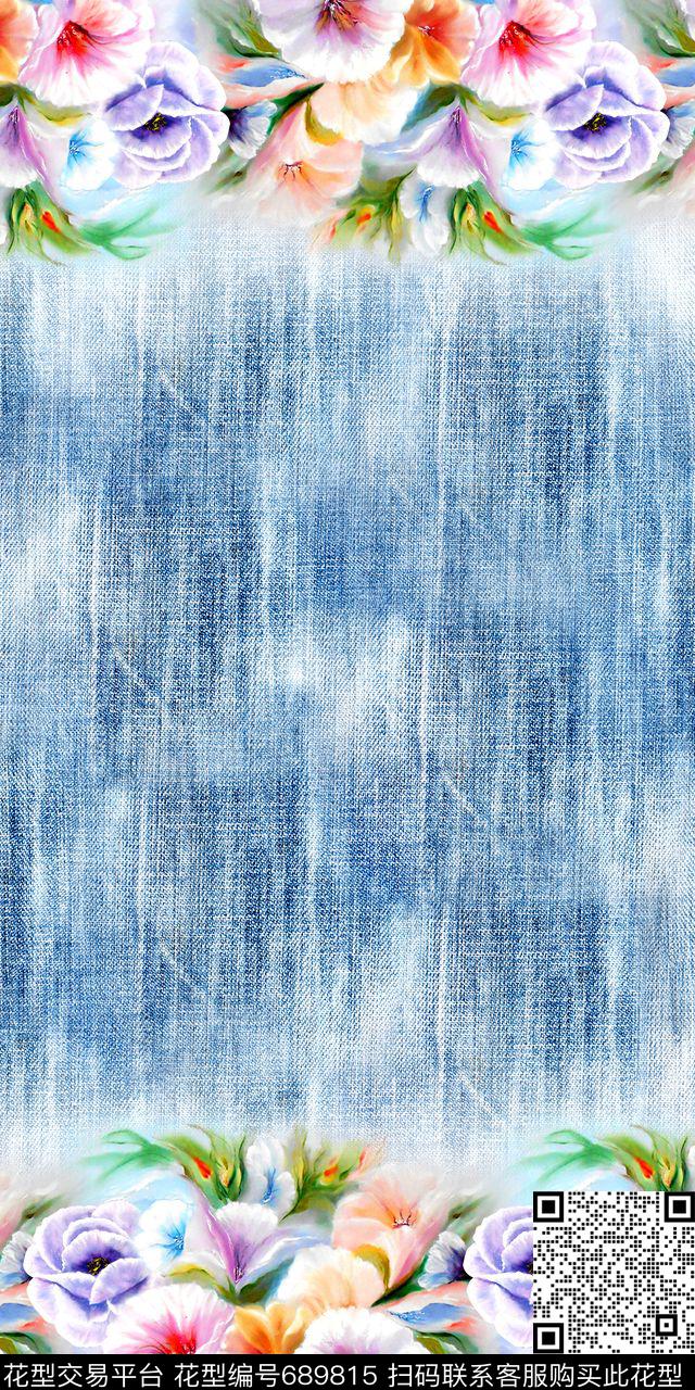 牛仔布花卉双边定位数码印花华亿平台下载（图片编号: 689815） - 瓦栏（Walan）