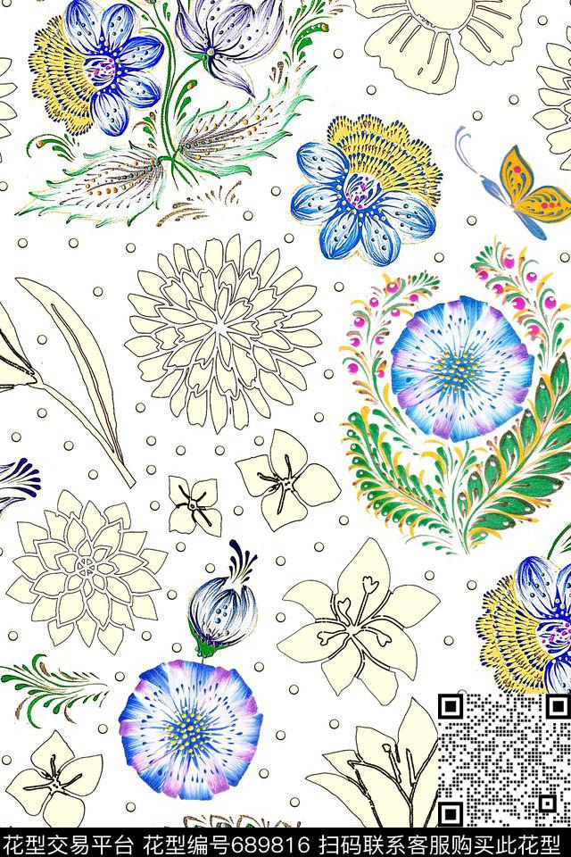 时尚手绘花卉数码印花华亿平台下载（图片编号: 689816） - 瓦栏（Walan）