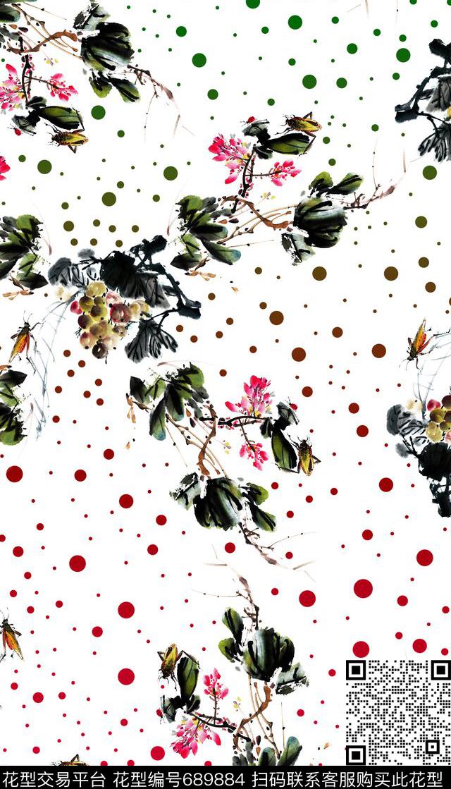 中国风、水墨画、波点组合水墨风中国风数码印花华亿平台下载（图片编号: 689884） - 瓦栏（Walan）