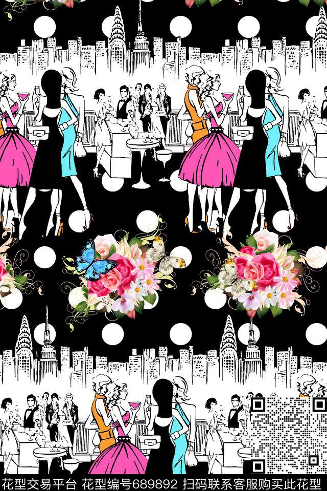 抽象手绘满版女装裙最新高清数码时尚花卉卡通人物数码印花华亿平台下载（图片编号: 689892） - 瓦栏（Walan）