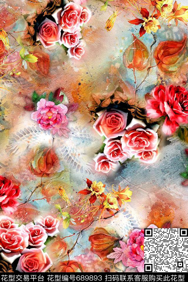 中国风大花玫瑰数码印花华亿平台下载（图片编号: 689893） - 瓦栏（Walan）