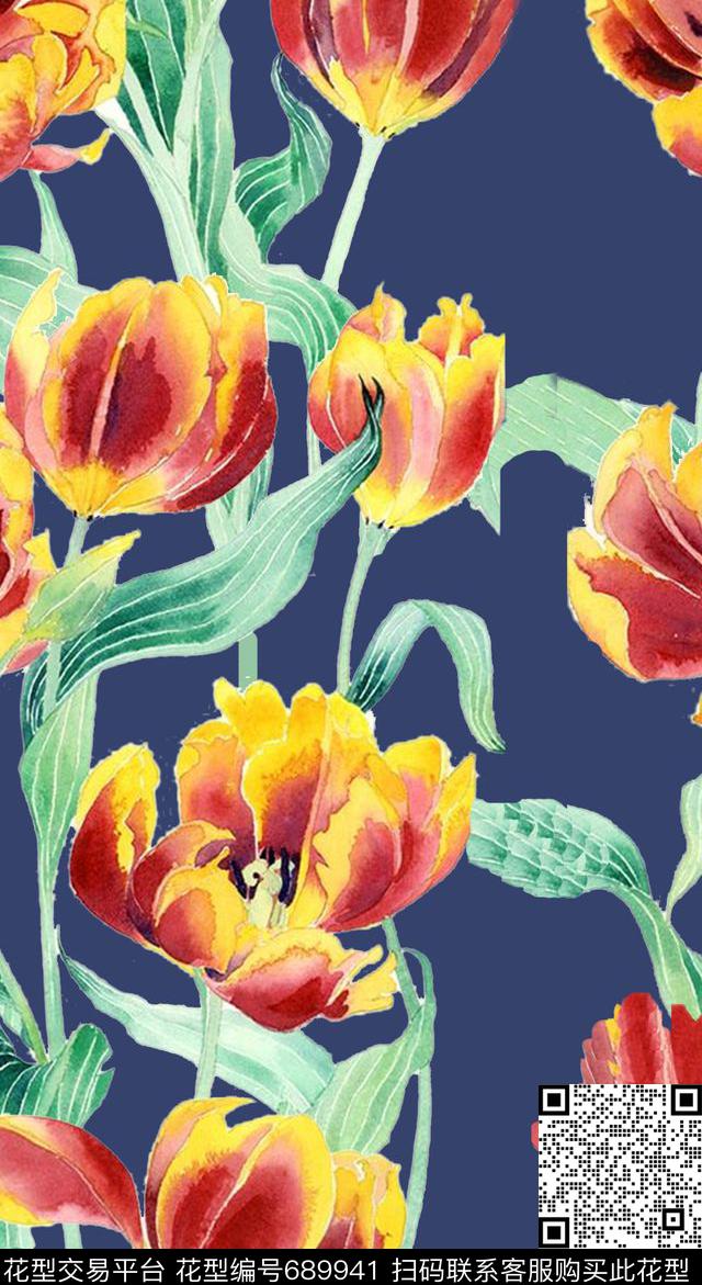 罂粟花郁金香花朵数码印花华亿平台下载（图片编号: 689941） - 瓦栏（Walan）