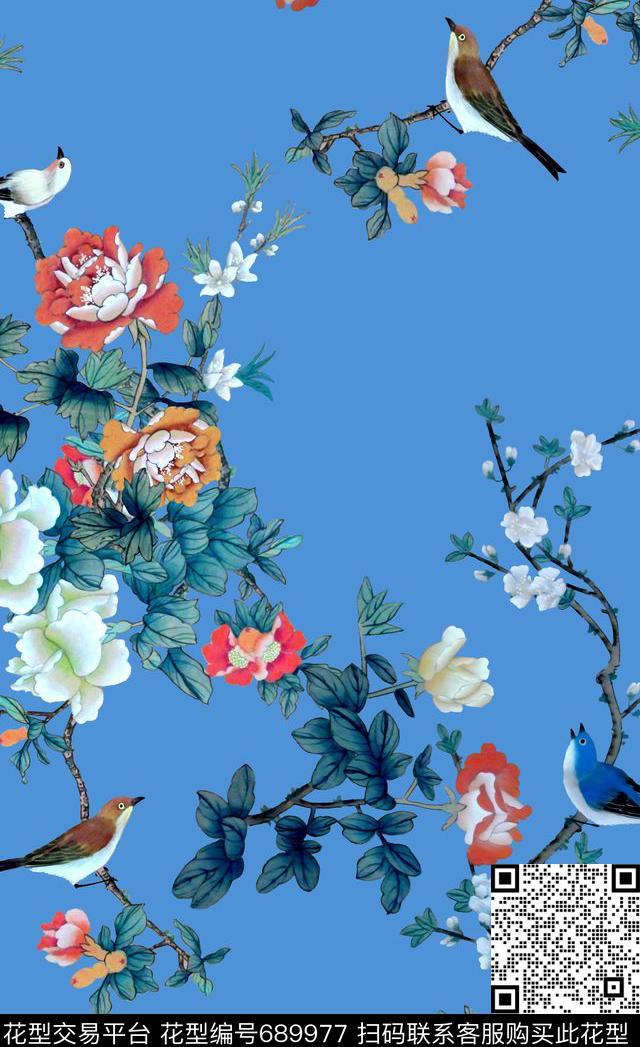 工笔画花鸟牡丹数码印花华亿平台下载（图片编号: 689977） - 瓦栏（Walan）