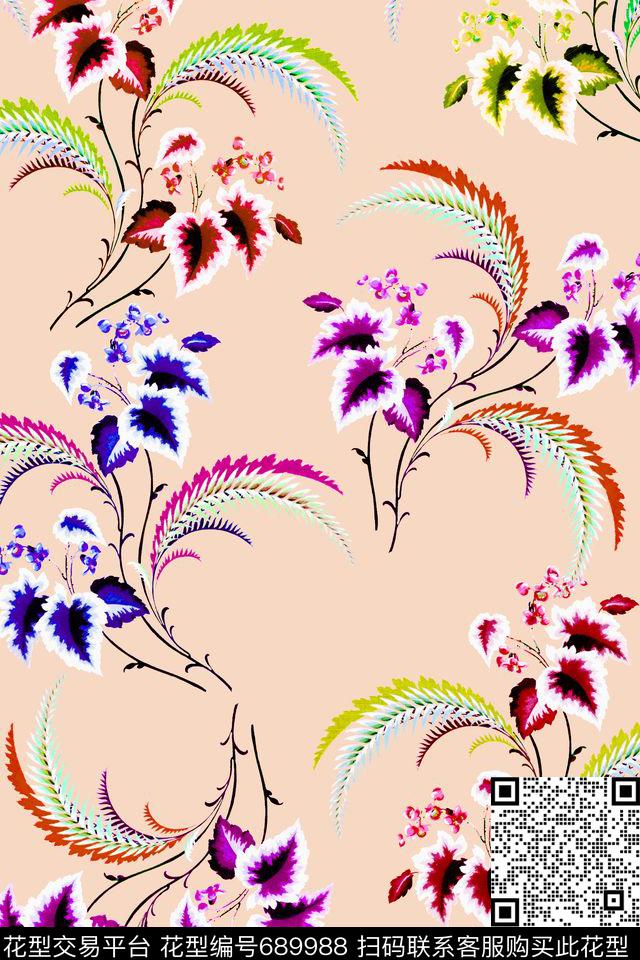 水彩叶子花卉数码印花华亿平台下载（图片编号: 689988） - 瓦栏（Walan）