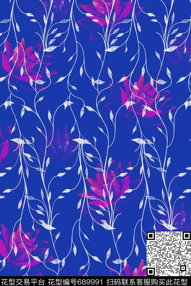 花卉树枝荷花传统印花华亿平台下载（图片编号: 689991） - 瓦栏（Walan）