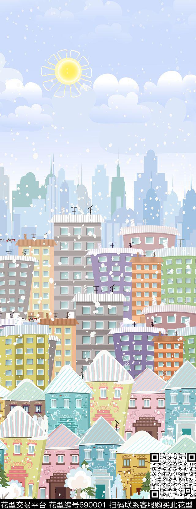 雪花房子卡通数码印花华亿平台下载（图片编号: 690001） - 瓦栏（Walan）