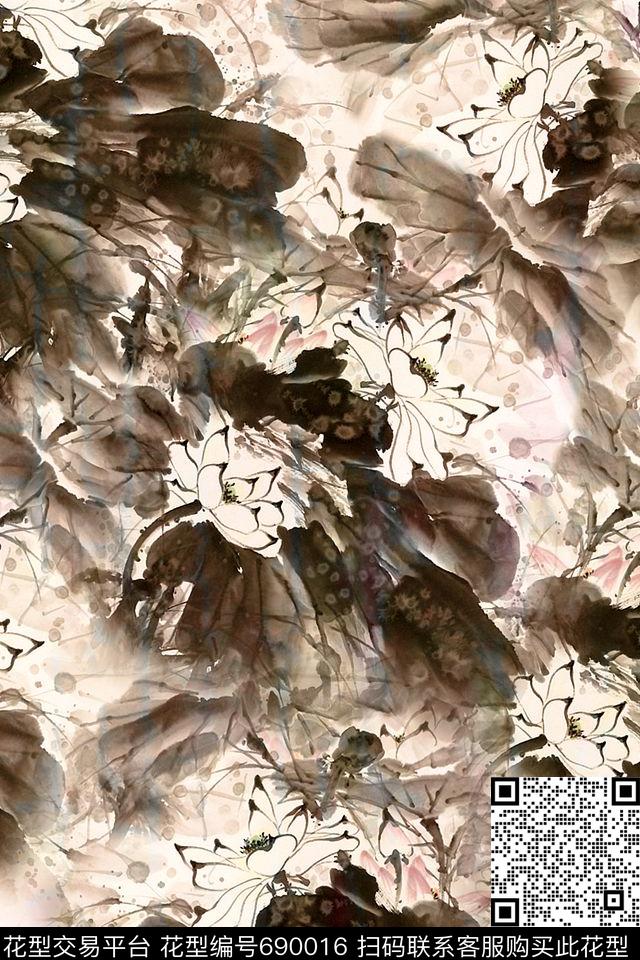 中国风水墨花卉水墨荷花旗袍花数码印花华亿平台下载（图片编号: 690016） - 瓦栏（Walan）