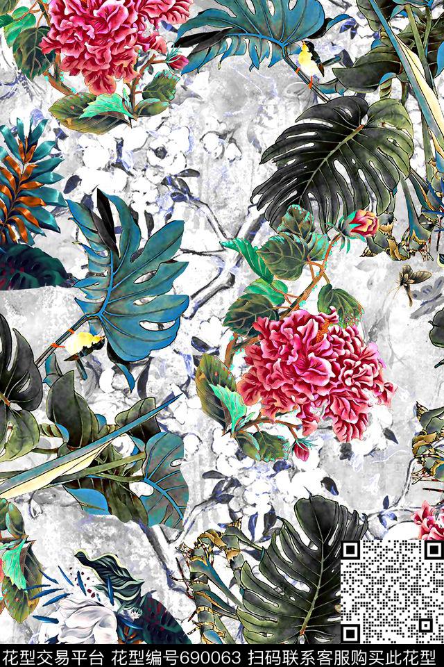 花卉工笔画叶子数码印花华亿平台下载（图片编号: 690063） - 瓦栏（Walan）