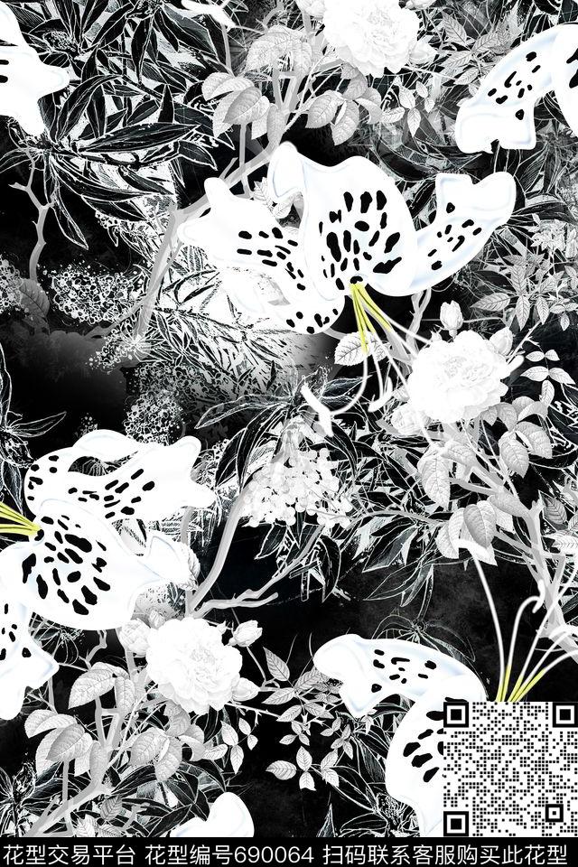 黑白花卉丛林数码印花华亿平台下载（图片编号: 690064） - 瓦栏（Walan）