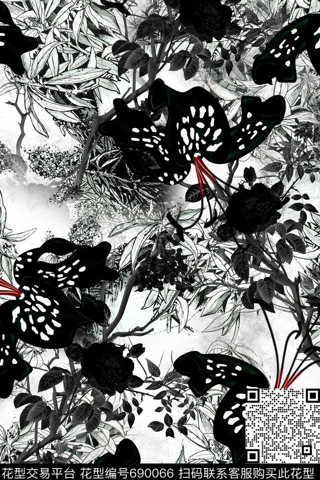 黑白花卉丛林数码印花华亿平台下载（图片编号: 690066） - 瓦栏（Walan）
