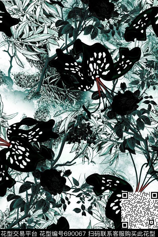 黑白花卉丛林数码印花华亿平台下载（图片编号: 690067） - 瓦栏（Walan）