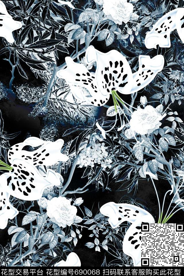 黑白花卉丛林数码印花华亿平台下载（图片编号: 690068） - 瓦栏（Walan）