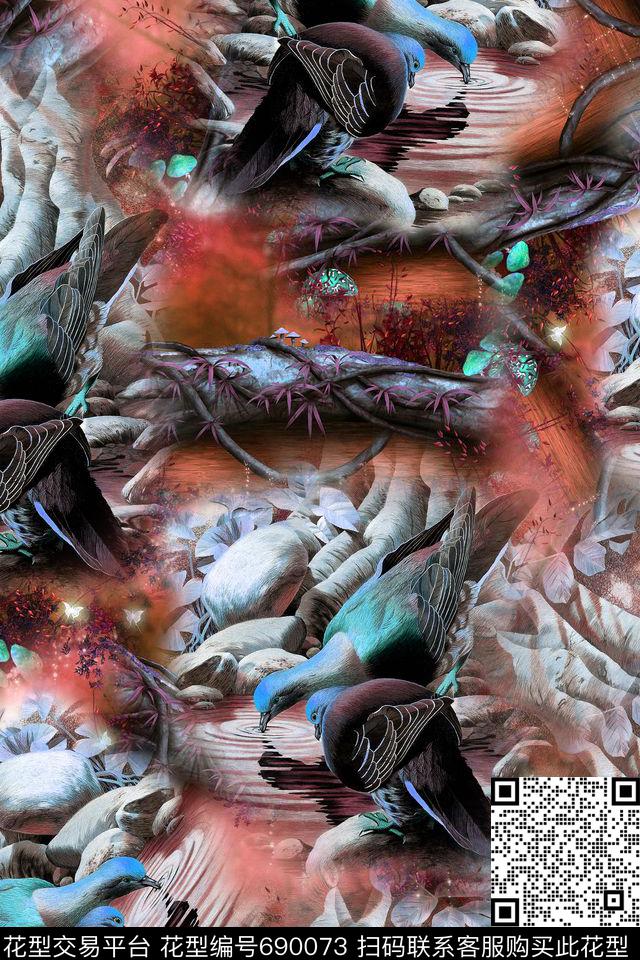 风景中国风鸟数码印花华亿平台下载（图片编号: 690073） - 瓦栏（Walan）