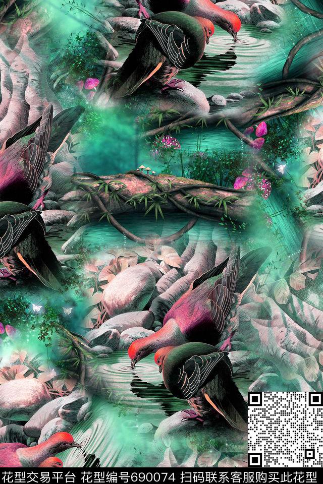 风景中国风鸟数码印花华亿平台下载（图片编号: 690074） - 瓦栏（Walan）