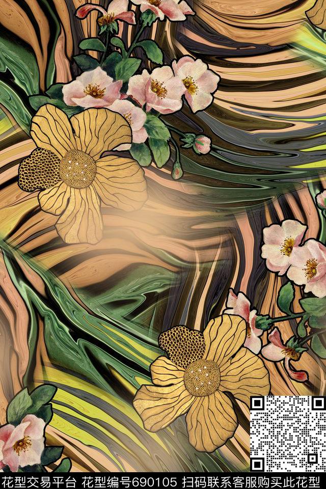 抽象拼接花卉数码印花华亿平台下载（图片编号: 690105） - 瓦栏（Walan）