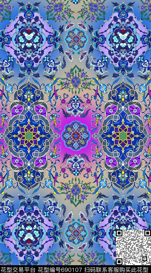 花纹民族风卷草数码印花华亿平台下载（图片编号: 690107） - 瓦栏（Walan）