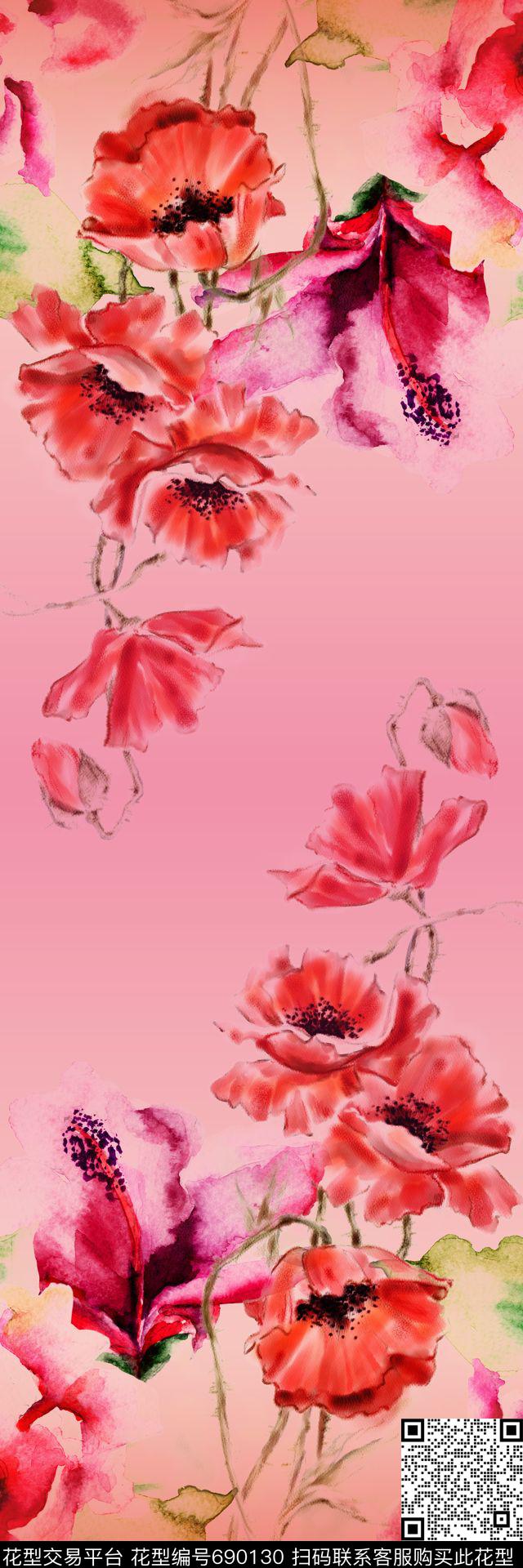水彩玫瑰罂粟花数码印花华亿平台下载（图片编号: 690130） - 瓦栏（Walan）