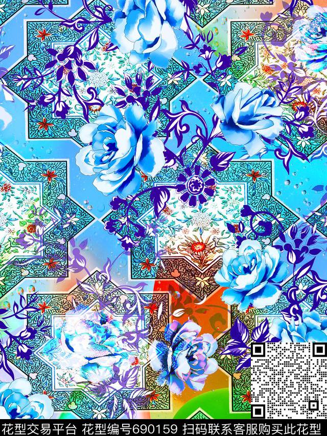 青花瓷民族风手绘玫瑰数码印花华亿平台下载（图片编号: 690159） - 瓦栏（Walan）