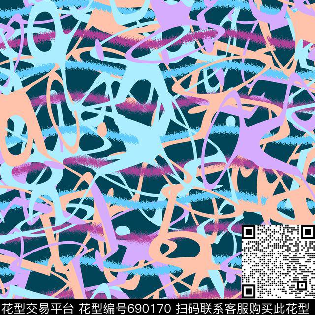 波浪色彩涂鸦传统印花华亿平台下载（图片编号: 690170） - 瓦栏（Walan）