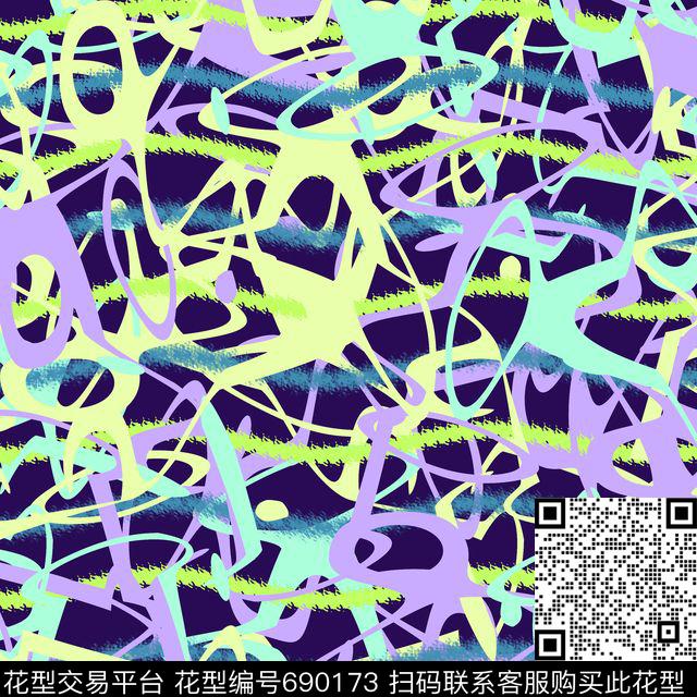 波浪色彩涂鸦传统印花华亿平台下载（图片编号: 690173） - 瓦栏（Walan）