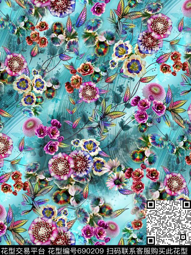 花卉云纹小花数码印花华亿平台下载（图片编号: 690209） - 瓦栏（Walan）