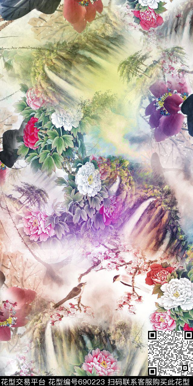 中国画云纹绚丽多彩数码印花华亿平台下载（图片编号: 690223） - 瓦栏（Walan）