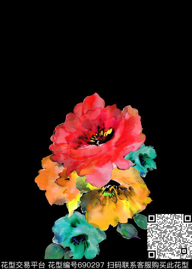 手绘平底大花数码印花华亿平台下载（图片编号: 690297） - 瓦栏（Walan）