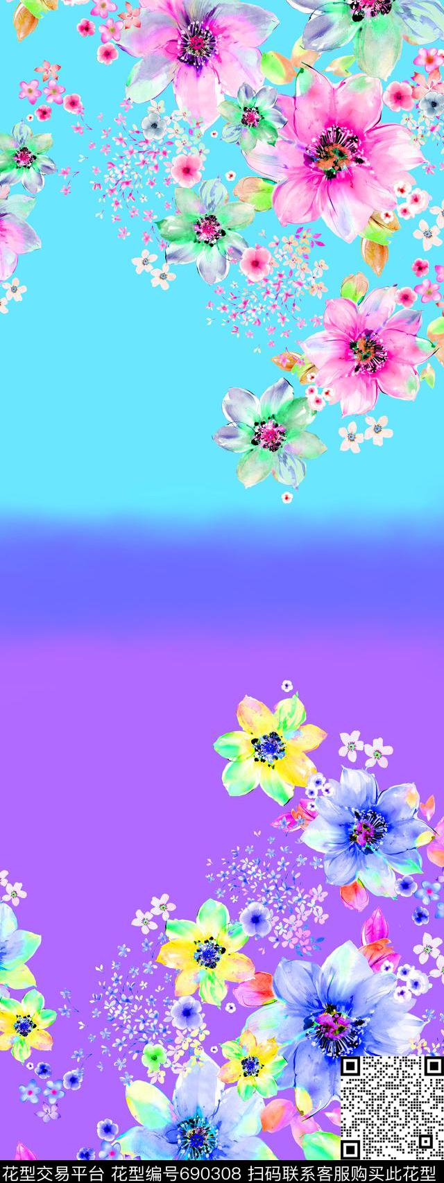 上下花上下色渐变手绘数码印花华亿平台下载（图片编号: 690308） - 瓦栏（Walan）