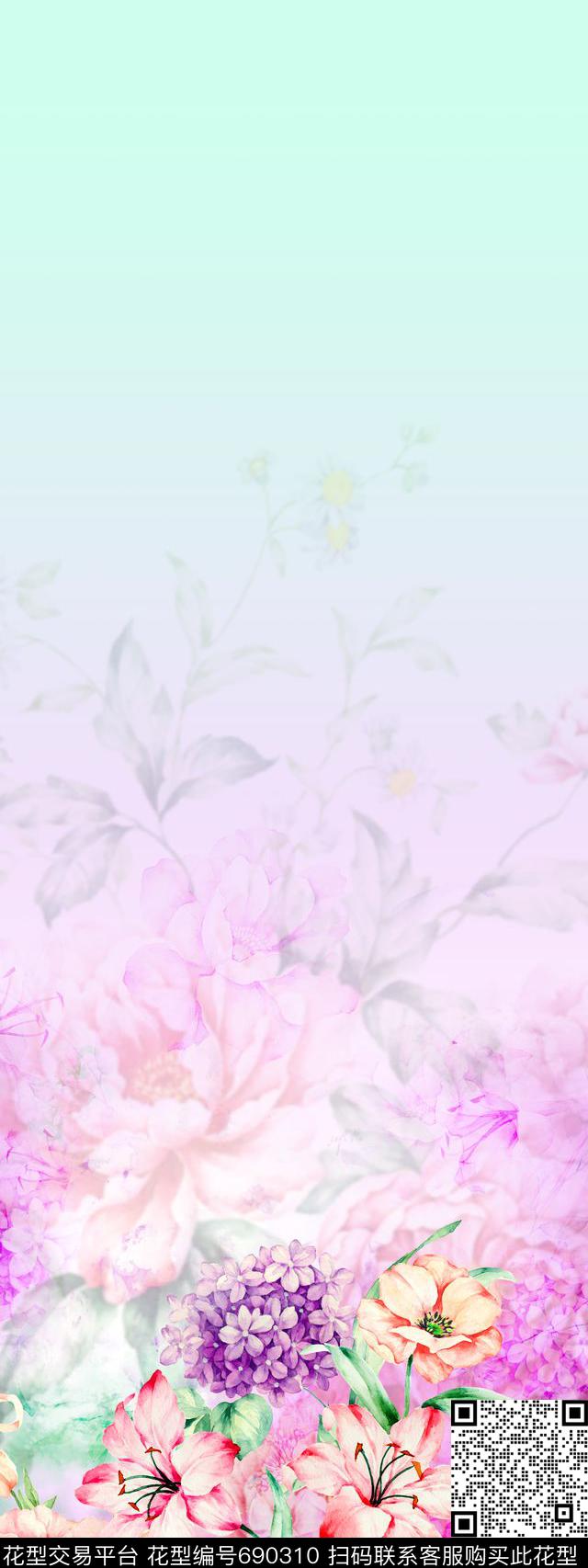 隐花云纹手绘花数码印花华亿平台下载（图片编号: 690310） - 瓦栏（Walan）