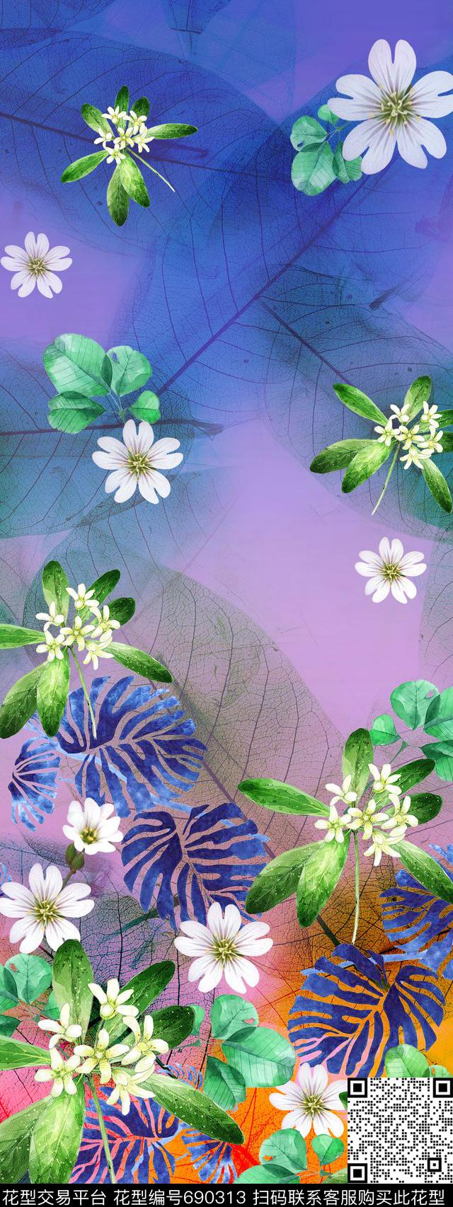隐花云纹手绘花数码印花华亿平台下载（图片编号: 690313） - 瓦栏（Walan）