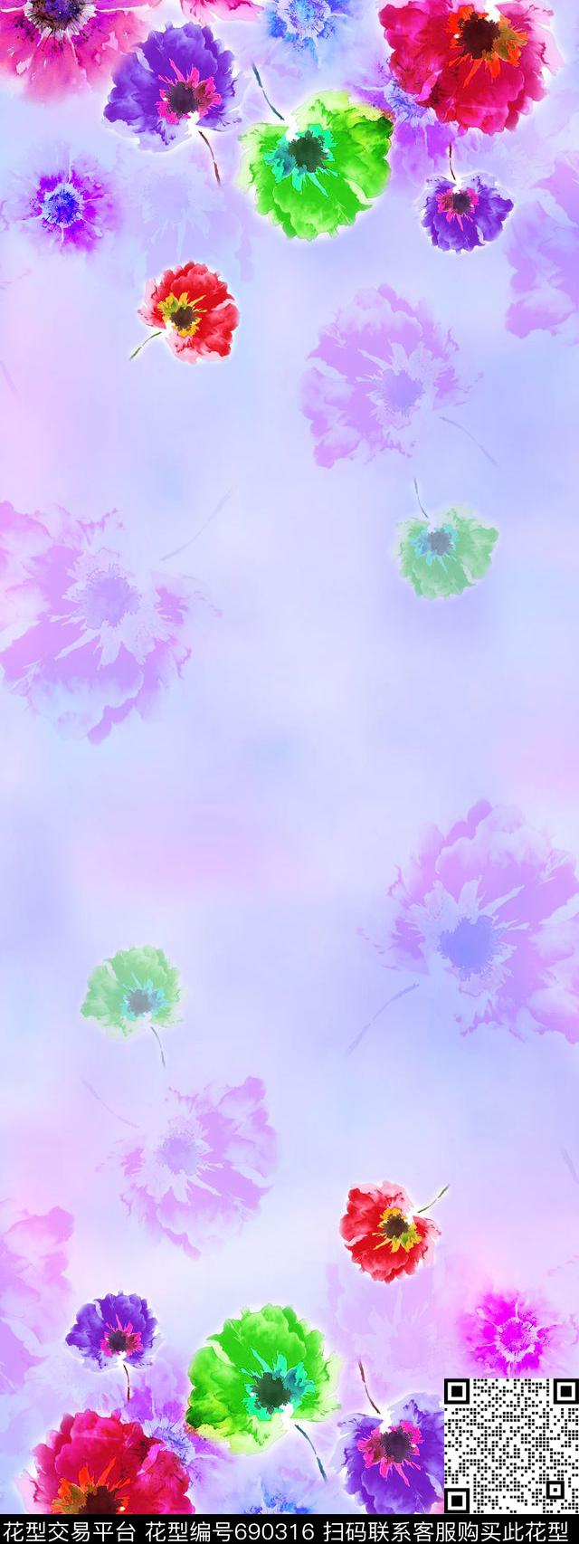 隐花云纹手绘花数码印花华亿平台下载（图片编号: 690316） - 瓦栏（Walan）