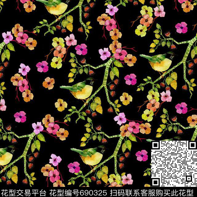 花鸟花朵花卉数码印花华亿平台下载（图片编号: 690325） - 瓦栏（Walan）
