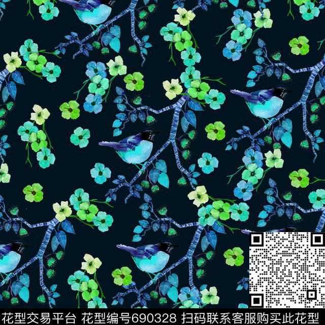 花鸟花朵花卉数码印花华亿平台下载（图片编号: 690328） - 瓦栏（Walan）