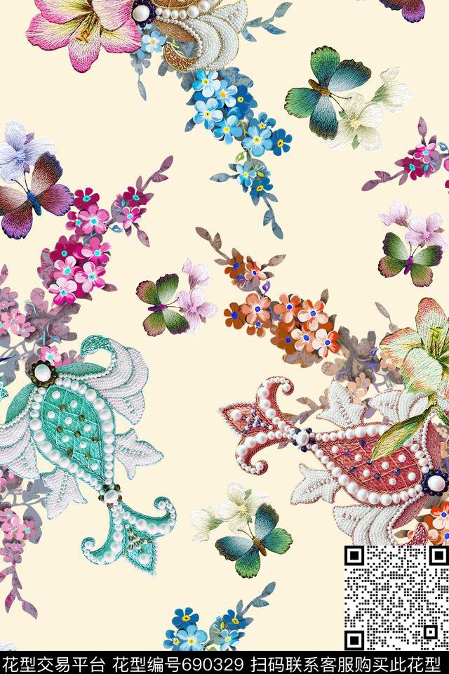 小花腰果蝴蝶数码印花华亿平台下载（图片编号: 690329） - 瓦栏（Walan）