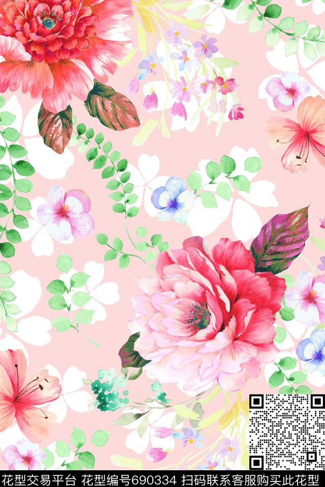 平底大花隐花数码印花华亿平台下载（图片编号: 690334） - 瓦栏（Walan）