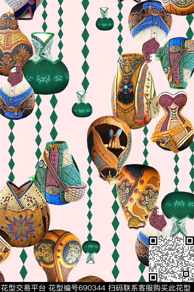 手绘瓦罐几何数码印花华亿平台下载（图片编号: 690344） - 瓦栏（Walan）