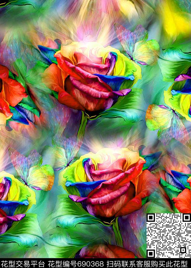 数码艺术花卉颜色晕染手绘玫瑰花数码印花华亿平台下载（图片编号: 690368） - 瓦栏（Walan）
