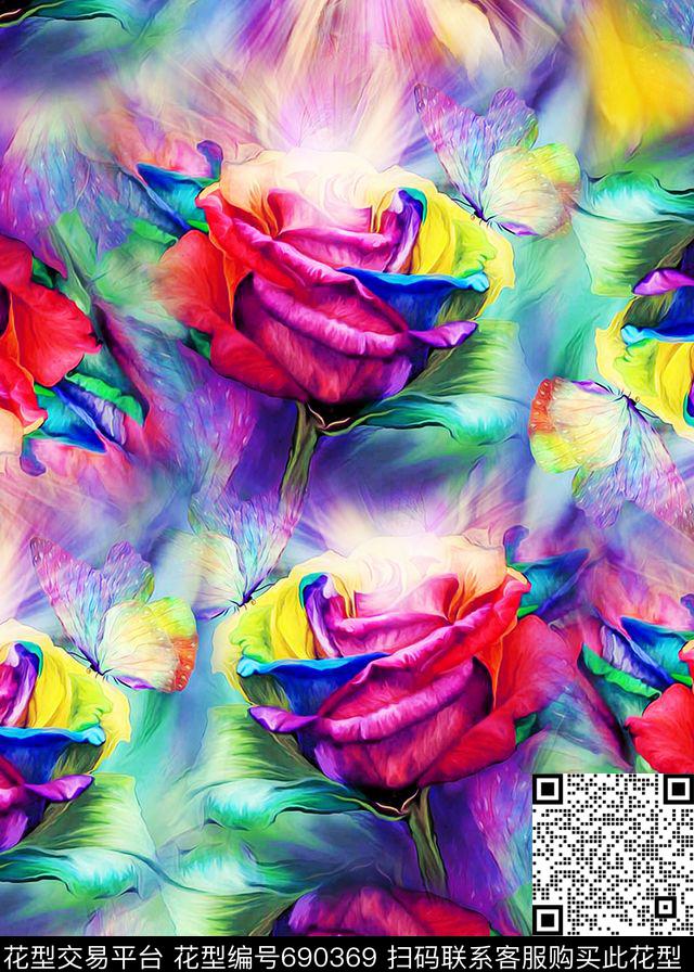 数码艺术花卉颜色晕染手绘玫瑰花数码印花华亿平台下载（图片编号: 690369） - 瓦栏（Walan）
