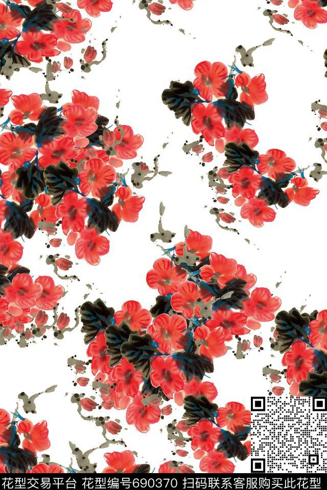 花卉手绘国画数码印花华亿平台下载（图片编号: 690370） - 瓦栏（Walan）