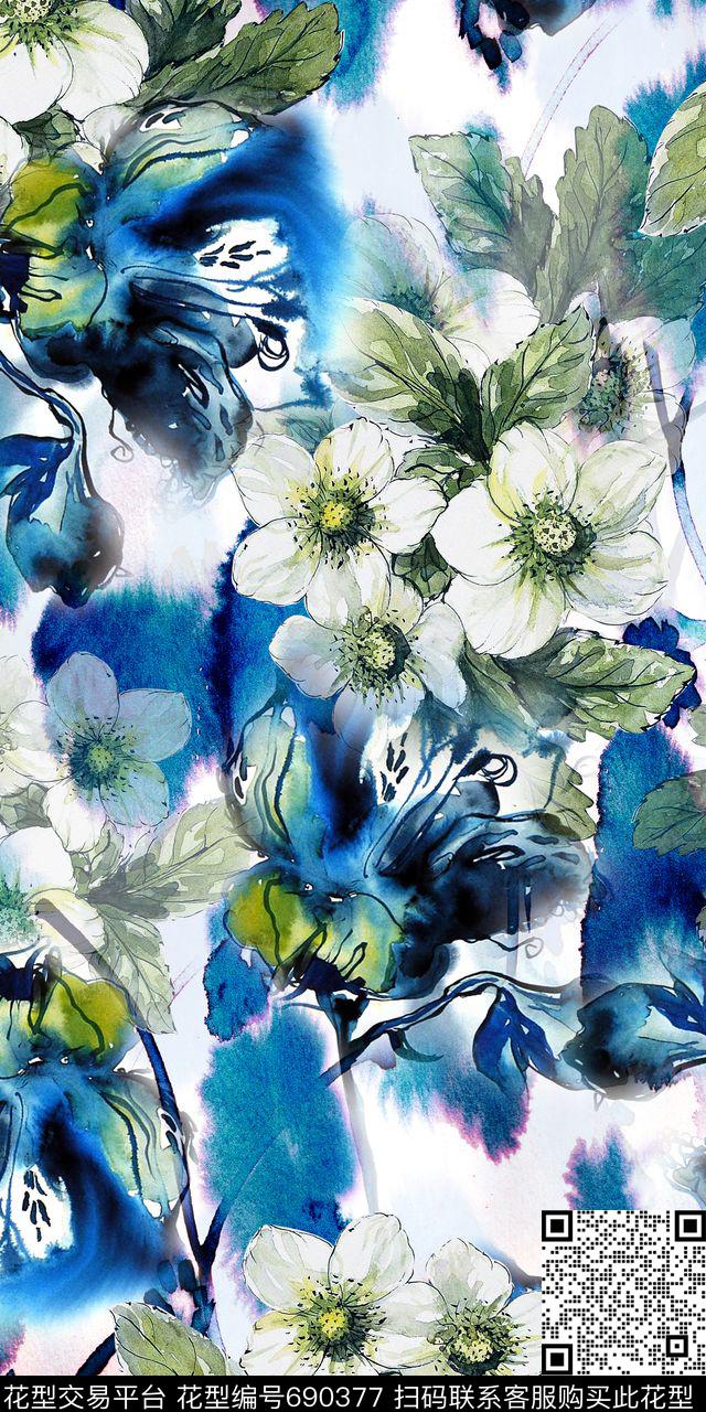 清爽水彩肌理手绘花卉数码印花华亿平台下载（图片编号: 690377） - 瓦栏（Walan）