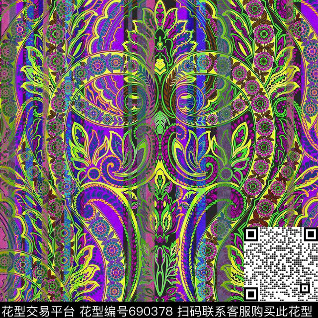 民族风条纹定位花数码印花华亿平台下载（图片编号: 690378） - 瓦栏（Walan）