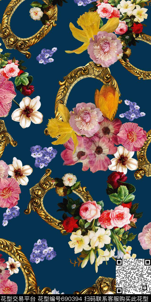 复古相框油画小花数码印花华亿平台下载（图片编号: 690394） - 瓦栏（Walan）