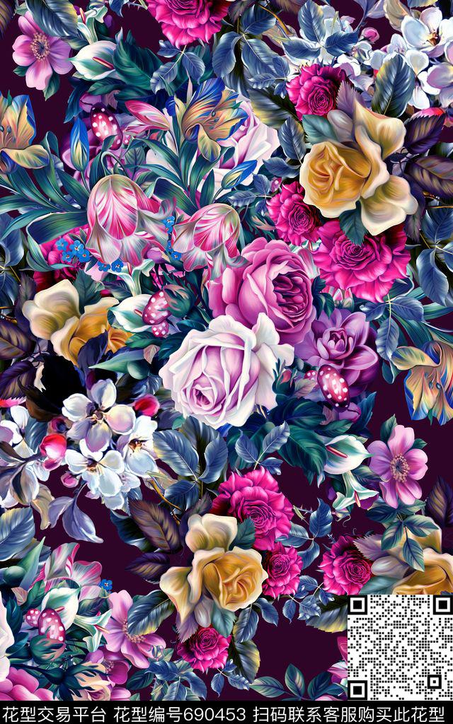 乱花花朵大花卉数码印花华亿平台下载（图片编号: 690453） - 瓦栏（Walan）