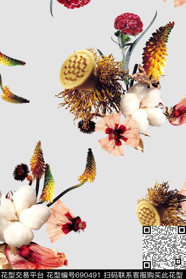花卉手绘清新平底数码印花华亿平台下载（图片编号: 690491） - 瓦栏（Walan）
